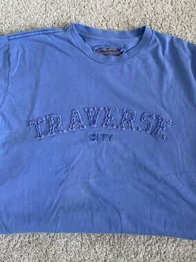 Traverse City Michigan Embroidered Blue Light Purple-ish Short Sleeve Tee